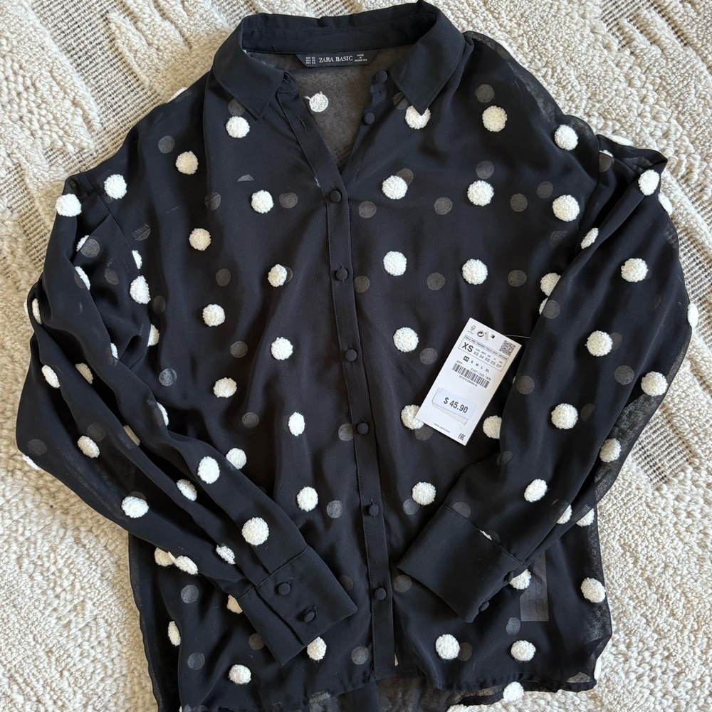 NWT Zara | Black & White Sheer Polka Dot Blouse/Button-Down